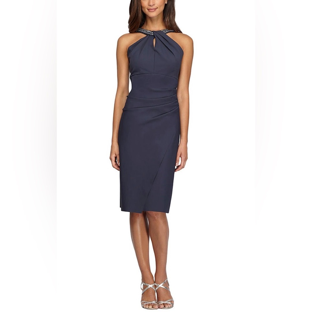 Alex Evenings Sheath Compression Dress Embellished Halter Style Neckline Size 10